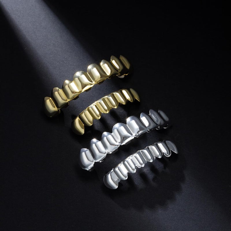 Txdvbls Store Grillz - Gold & Silver 6/8 Teeth Top & Bottom Grillz Set for Men and Women, 14K Gold Plated Teeth Caps for Halloween Costume Accessories - Image 4
